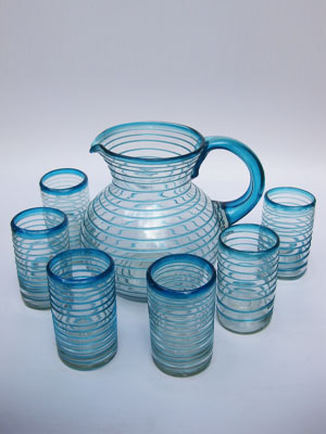 VIDRIO SOPLADO / Juego de jarra y 6 vasos grandes con espiral azul aqua